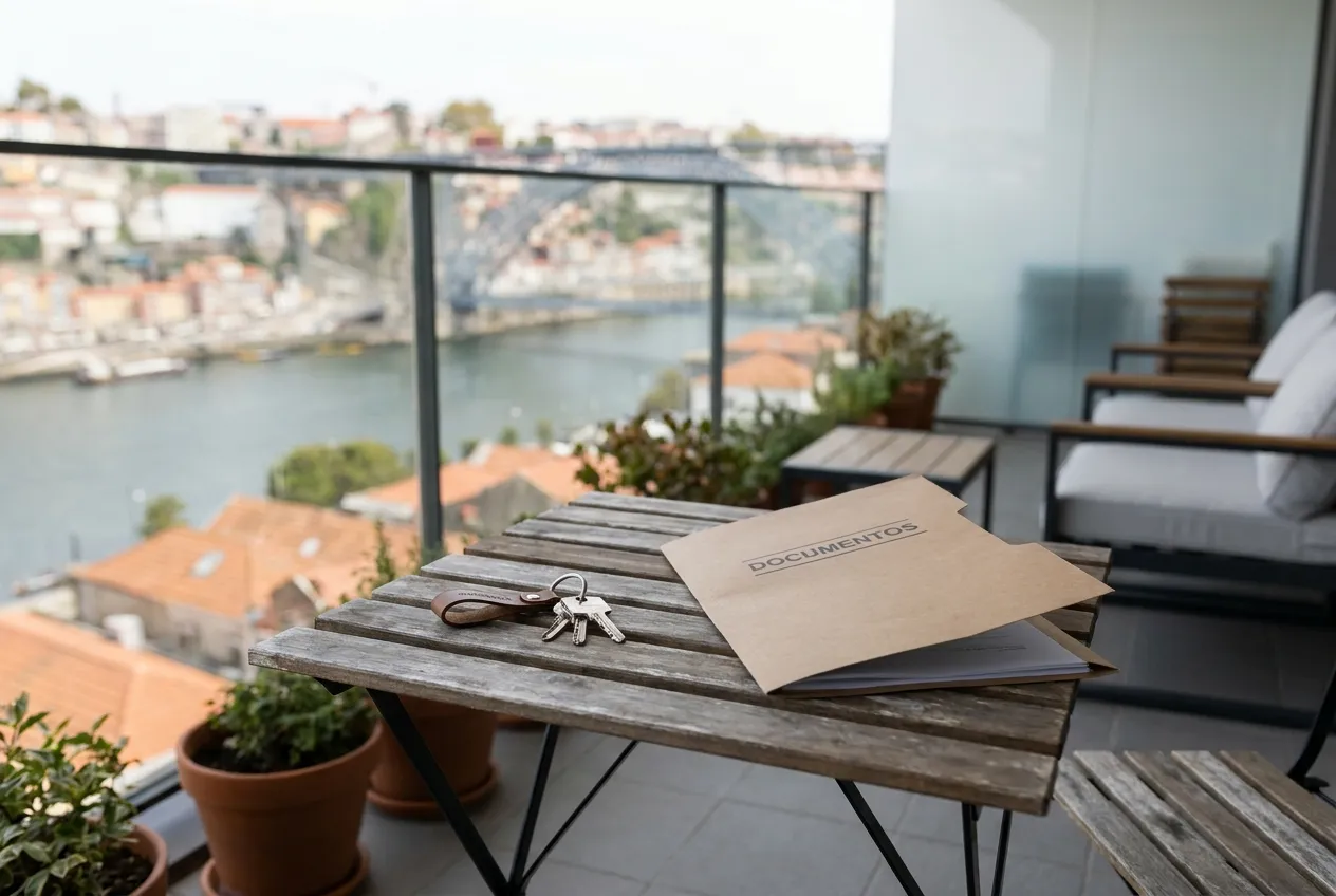Varanda no Porto com chaves e documentos sobre a mesa